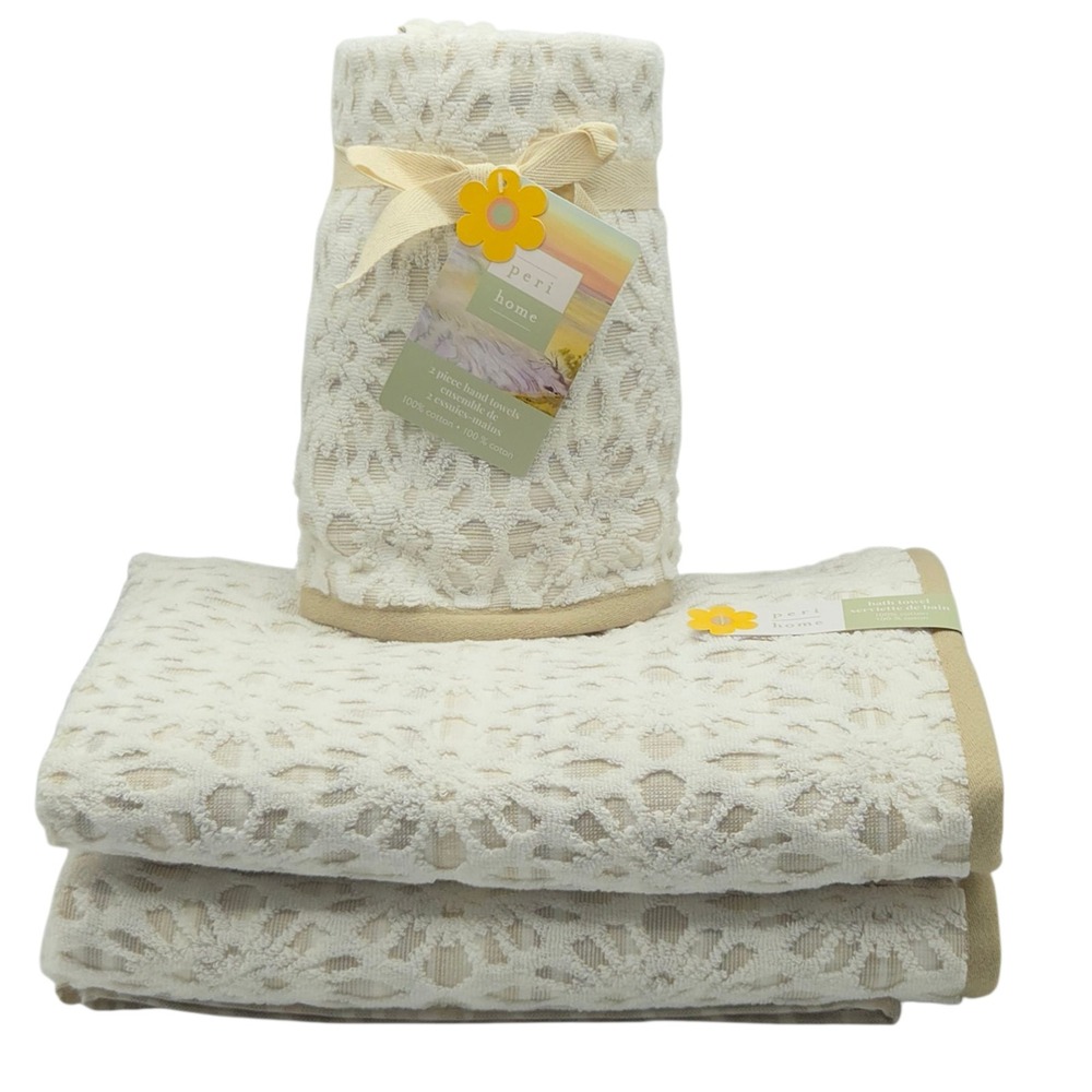 Peri Home 4pc Floral Embossed Cotton Towels Set 2 Bath 2 Hand Ivory Beige